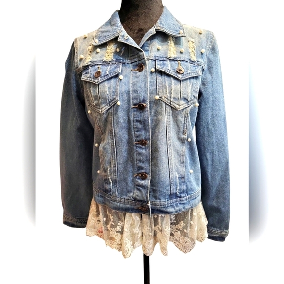 LIVE A LITTLE LAL Denim Jacket MED Lace Trim - Picture 1 of 14